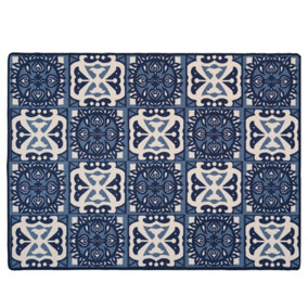 Blue Mosaic Tile Non Slip Washable Kitchen Utility Mat 120x160cm