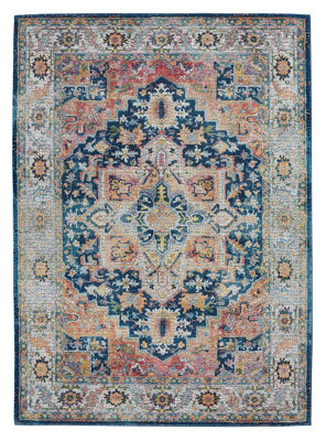 Blue/Multi Rug, Floral Persian Rug, Stain-Resistant Traditional Luxurious Rug for Bedroom, & Dining Room-122cm (Circle)