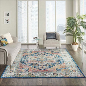 Blue/Multicolor Luxurious Traditional Persian Easy to Clean Floral Dining Room Bedroom And Living Room Rug-122cm (Circle)
