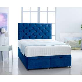 Blue   Naples Foot Lift Ottoman Bed With Memory Spring Mattress And   Studded Headboard 3FT Single
