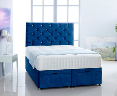 Blue   Naples Foot Lift Ottoman Bed With Memory Spring Mattress And   Studded  Headboard 4.0FT Small Double