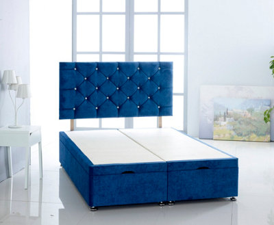 Blue  Naples Foot Lift Ottoman Bed With Memory Spring Mattress And    Studded  Headboard 4FT6 Double