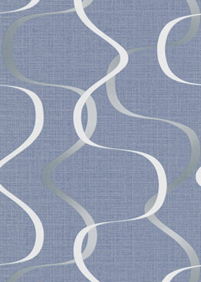 Blue, non-woven wallpaper with creative metallic swirls