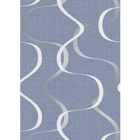 Blue, non-woven wallpaper with creative metallic swirls