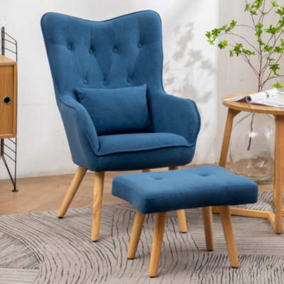 Blue Occasional Armchair with Footstool Set,Frosted Velvet Sofa Chair Upholstered Wing Back Lounge Chair with Cushion