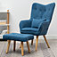 Blue Occasional Armchair with Footstool Set,Frosted Velvet Sofa Chair Upholstered Wing Back Lounge Chair with Cushion