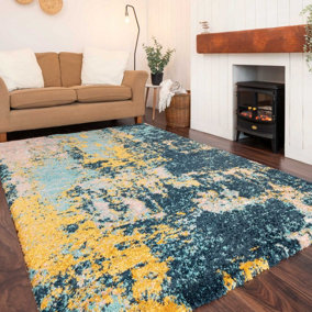 Blue Ochre Bold Distressed Abstract Shaggy Living Area Rug 120x170cm