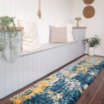 Blue Ochre Bold Distressed Abstract Shaggy Runner Rug 60x240cm