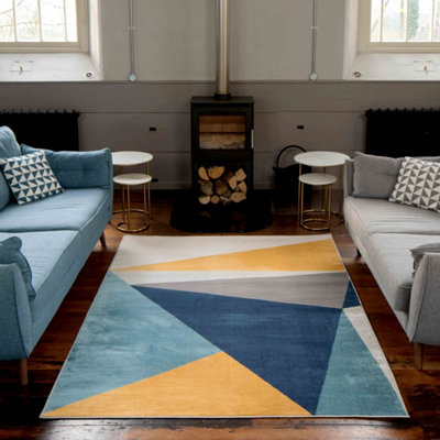Blue Ochre Bold Geometric Area Rug 80x150cm