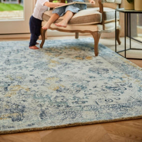 Blue Ochre Traditional Bordered Easy to clean Rug for Bed Room, Living Room, and Dining Room-120cm X 170cm
