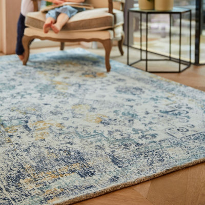 Blue Ochre Traditional Bordered Easy to clean Rug for Bed Room, Living Room, and Dining Room-120cm X 170cm