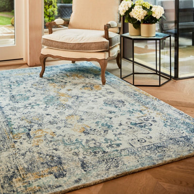 Blue Ochre Traditional Bordered Easy to clean Rug for Bed Room, Living Room, and Dining Room-120cm X 170cm