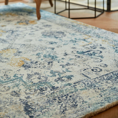 Blue Ochre Traditional Bordered Easy to clean Rug for Bed Room, Living Room, and Dining Room-120cm X 170cm