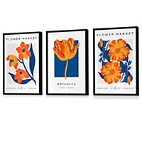 Blue & Orange Flower Market Wall Art Prints / 42x59cm (A2) / Black Frame