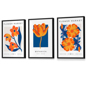 Blue & Orange Flower Market Wall Art Prints / 42x59cm (A2) / Black Frame