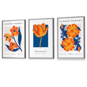 Blue & Orange Flower Market Wall Art Prints / 42x59cm (A2) / Light Grey Frame