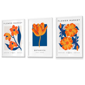 Blue & Orange Flower Market Wall Art Prints / 42x59cm (A2) / White Frame
