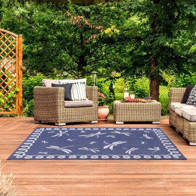 Blue Outdoor Rug, Animal Bordered Stain-Resistant Rug For Patio Decks Garden, 15mm Modern Outdoor Rug- 120cm X 170cm