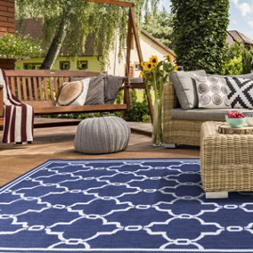 Blue Outdoor Rug, Geometric Stain-Resistant Rug For Patio Decks Garden Balcony, Modern Outdoor Area Rug-120cm (Circle)