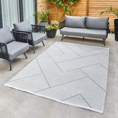 Blue Outdoor Rug, Geometric Striped Stain-Resistant Rug For Patio Decks, 3mm Modern Outdoor Area Rug-160cm X 220cm