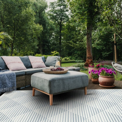 Blue Outdoor Rug, Geometric Striped Stain-Resistant Rug For Patio Decks, 3mm Modern Outdoor Area Rug-160cm X 220cm