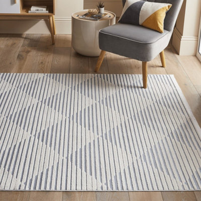 Blue Outdoor Rug, Geometric Striped Stain-Resistant Rug For Patio Decks, 3mm Modern Outdoor Area Rug-160cm X 220cm