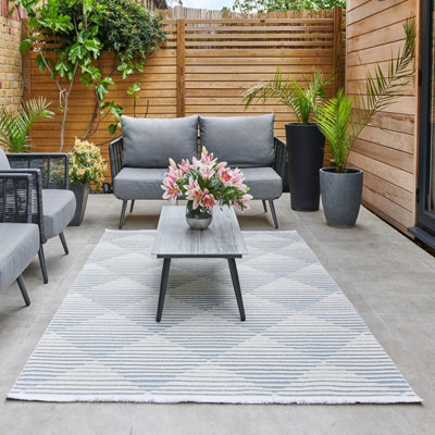 Blue Outdoor Rug, Geometric Striped Stain-Resistant Rug For Patio Decks, 3mm Modern Outdoor Area Rug-190cm X 290cm