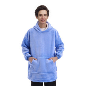 Blue Oversized Sherpa Flannel Hoodie Blanket with Front Pocket