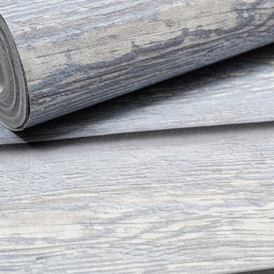Blue Panel Effect Wallpaper Grey Textured Realistic Rustic Feature Wall Lounge