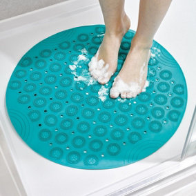 Blue Pedi Scrub Reflexology Shower & Bath Mat with TPE Bristles & Suction Cups - Cleans & Massages Feet Soles - 55cm Diameter
