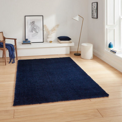 Blue Plain Shaggy 45mm Thick Stain-Resistant Rug For Bedroom, & Dining Room, Easy to Clean Modern Rug-60cm X 120cm