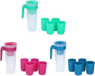 Set Of 2 Plastic Jug Pitchers - 1 Liter Capacity With Colored Lids For Water, Juice