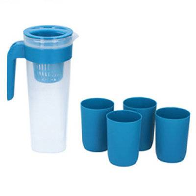 Blue Plastic Jug Pitcher Set 1Litre Coloured Lid with 4x Cups For Water Fridge Picnic