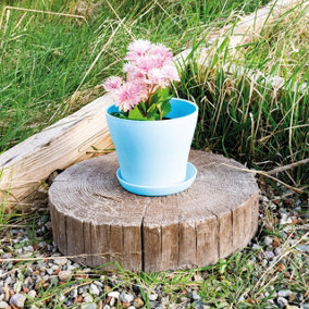 Blue Plastic Plant Pot - Weatherproof Colourful Home or Garden Planter with Drainage Holes & Saucer - H10.5 x 9cm Diameter