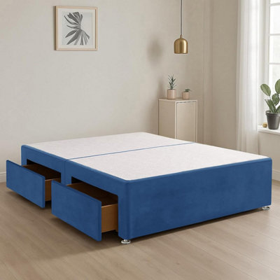 Blue Plush Fabric 4FT Small Double Bed Base with 2 Spacious Drawers
