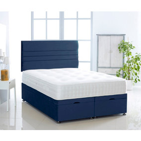 Blue Plush Foot Lift Ottoman Bed With Memory Spring Mattress And Horizontal Headboard 2FT6 Small Single