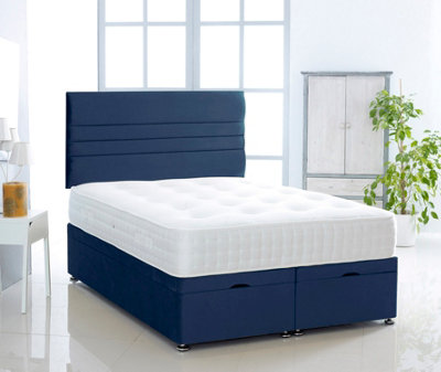 Blue Plush Foot Lift Ottoman Bed With Memory Spring Mattress And Horizontal Headboard 6.0 FT Super King