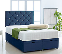Blue Plush Foot Lift Ottoman Bed With Memory Spring Mattress And Studded Headboard 4.0FT Small Double