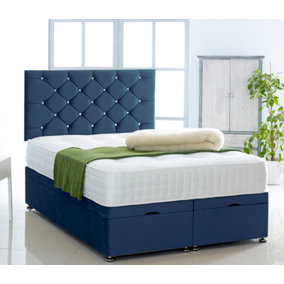 Blue Plush Foot Lift Ottoman Bed With Memory Spring Mattress And Studded Headboard 4FT6 Double