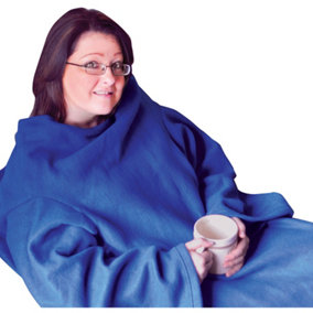 Blue Polyester Fleece Blanket with Oversized Sleeves - Machine Washable