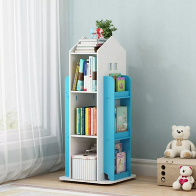 Blue Rotating Bookshelf Castle Rack Display Floor Standing Bookcase