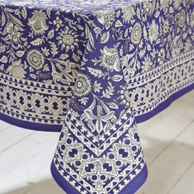 Blue Round Cotton Tablecloth - Machine Washable Indian Hand Printed Floral Design Table Cover - Measures 178cm Diameter