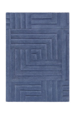 Blue Rug, Geometric Wool Rug, Optical/ (3D) Rug, Modern Wool Rug, Handmade Rug for Bedroom, & Dining Room-160cm X 230cm