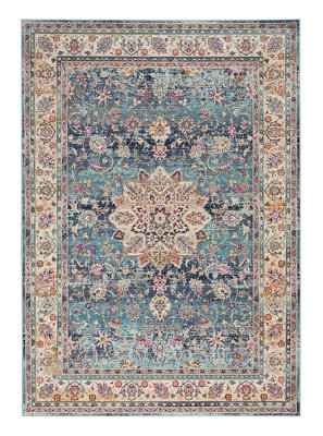 Blue Rug, Stain-Resistant Persian Rug, Floral Luxurious Rug, Traditional Rug for Bedroom, & Dining Room-115cm (Circle)