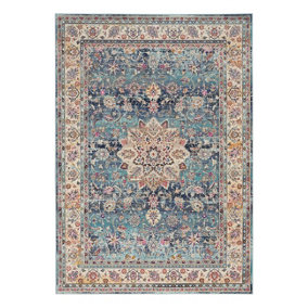 Blue Rug, Stain-Resistant Persian Rug, Floral Luxurious Rug, Traditional Rug for Bedroom, & Dining Room-183cm (Circle)