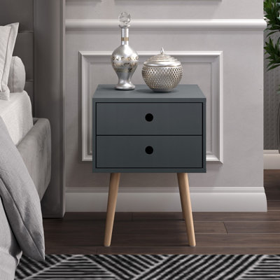 Blue scandia, 2 drawer bedside cabinet with wood legs