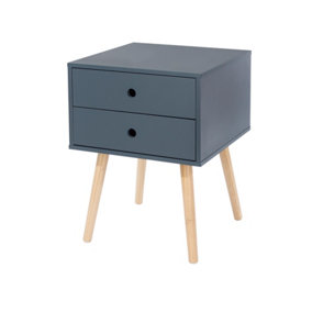 Blue scandia, 2 drawer bedside cabinet with wood legs