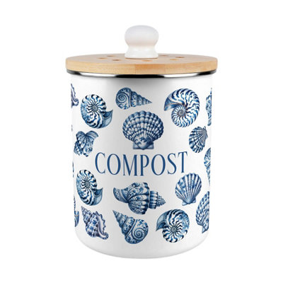 Blue Seashells Compost Caddy - Enamel 2L Kitchen Food Waste Bin