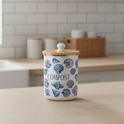 Blue Seashells Compost Caddy - Enamel 2L Kitchen Food Waste Bin