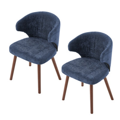 Blue Set of 2 Chenille Dining Chairs with Ergonomic Backrest and Oak Wood Legs